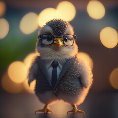 Chick with glasses and a suit, created using generative AI technology.