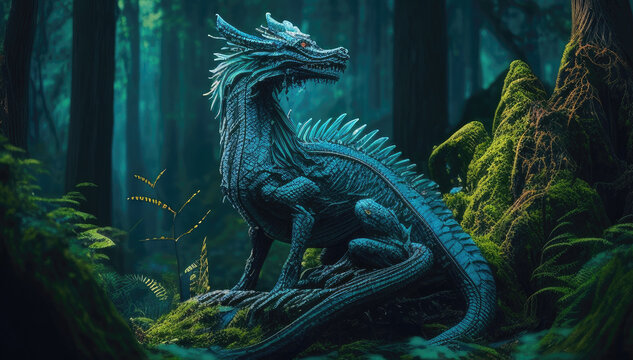 Blue ancient forest dragon statue sitting on top of a lush green forest. Postproducted generative AI. digital illustration