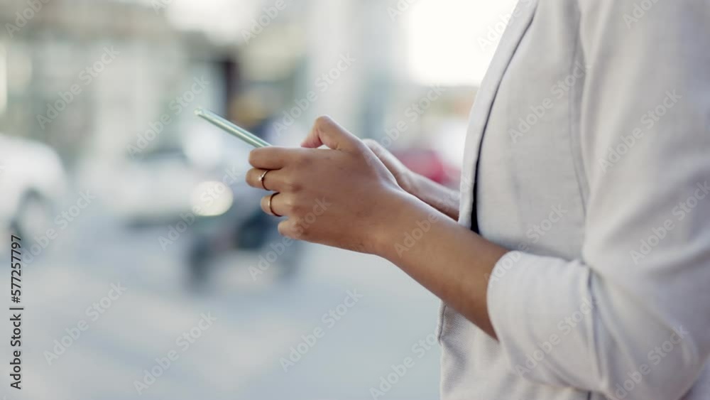 Poster Typing, phone and hands of woman in city for networking, social media app and text message. Technology, internet and website with girl browsing online in town for search, travel and communication