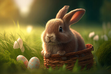 Easter bunny in a basket with easter eggs. Generative AI. - 577258308