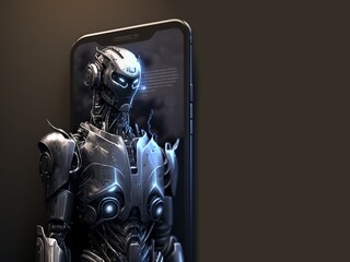 Futuristic humanoid robot in screen of smartphone. Concept of chatbot with artificial intelligence.