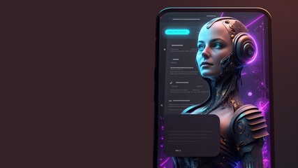 Futuristic humanoid woman robot in screen of smartphone. Concept of chatbot with artificial intelligence.