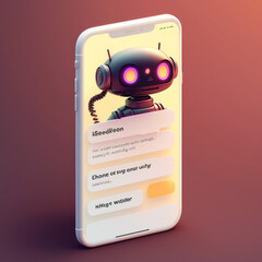 Futuristic humanoid robot in screen of smartphone. Concept of chatbot with artificial intelligence.