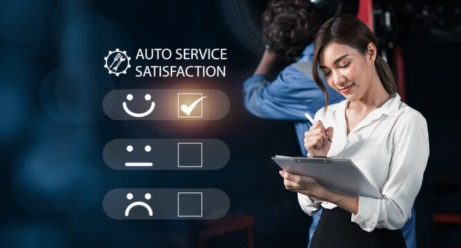 Beautiful Asian Woman holding paperwork and give excellent experience rating review with smile icon
