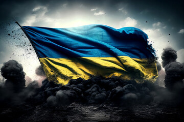 Ukrainian flag in smoke of war. Generative AI. - 577260317