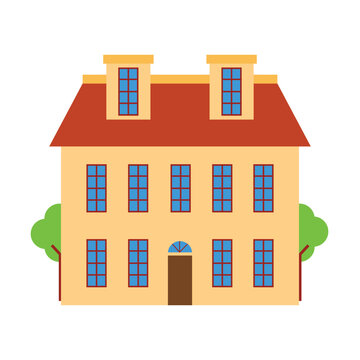 Old house style with dormers and wide window. European house. Old castle clip art. Royal palace. A house with yellow paint.