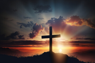 Fototapeta na wymiar christian cross silhouette on the mountain at sunset, Generative AI