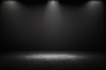 Dark black empty room scene with spotlight. Studio room for product photography or display. Generative AI