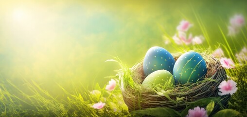 Nest with easter eggs in grass on a sunny spring day - Easter decoration, banner, panorama, background. Generative AI