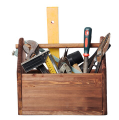 Old Carpenter Wooden toolbox with tools isolated isolate on transperent background - 577261383