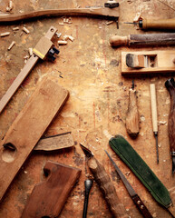 Hand tools Wood (Drill Jig Saw plane chisel) on an old wooden workbench