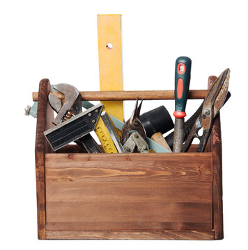 Old Carpenter Wooden toolbox with tools isolated isolate on transperent background