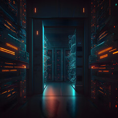 The bright lights of data storage systems contrast against the dark background of the server room, AI-generated image