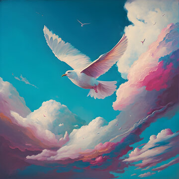 A painting of a sky with clouds and a white bird flying in the sky with a blue sky in the background and a white bird in the foreground with a pink and blue sky, AI-generated image
