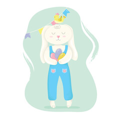 Cute White Easter Bunny WIth Eggs and Little Chicken. Adorable rabbit vector illustration for Easter.