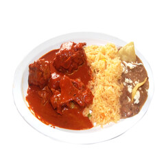 Mexican plate with meat in sauce rice beans shredded cheese and white background