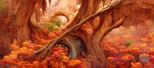 Dreamlike forest of autumn orange and yellow colors, surreal vegetation, mythical and otherworldly, natural beauty, vibrant imaginative woods - high detail generative ai.