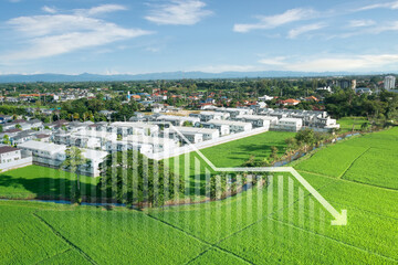 Land, landscape or green field in aerial view. Include house building, bar chart or graph, drop...