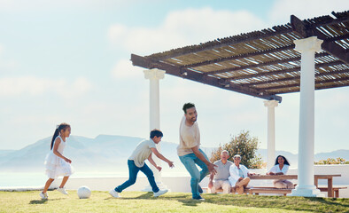 Soccer, happy and family in home garden for learning, bonding and fitness with sports. Relax, training and football with man playing with children in backyard for summer break, weekend and teaching