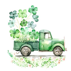 Green truck full of shamrock and spring flowers for St. Particks day. Digital watercolor painting over generative ai.