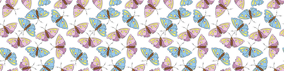 Fototapeta na wymiar Vector seamless pattern of pink and blue cute butterflies in flat style. Cute cartoon beautiful insects. Texture on theme of nature, spring, summer, children print, isolated