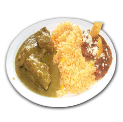 Rice dish served with meat curry plantain and beans on plate