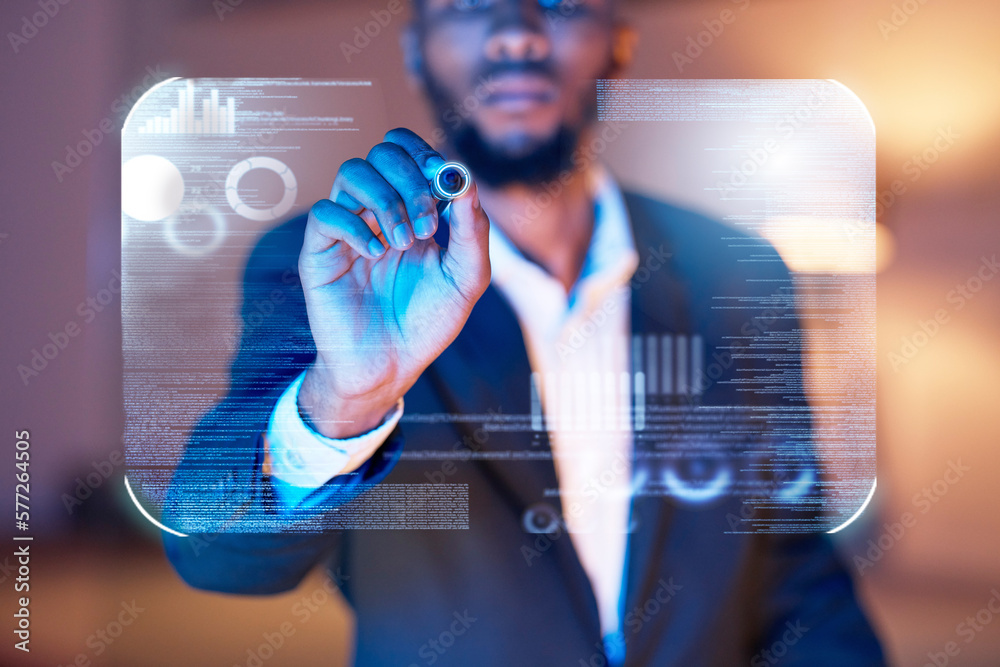 Aufkleber Hologram, digital and touchscreen with hands of man for 3d interface, networking and cloud computing. Future, database and ui software with employee and overlay for technology, internet and graphic