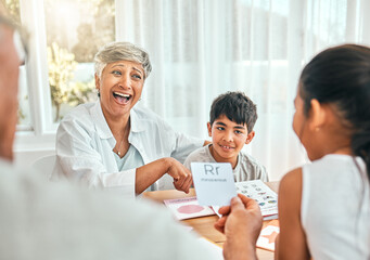 Education, cards and grandparents with children and letter lesson for language, study and alphabet....