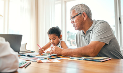 Grandpa help, child learning and home studying in a family house with education and knowledge....