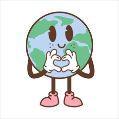 Earth character in trendy retro cartoon style. Funny globe icon with smiling face and heart hand gesture. Vintage planet mascot sticker. Environmental eco concept. Vector illustration.