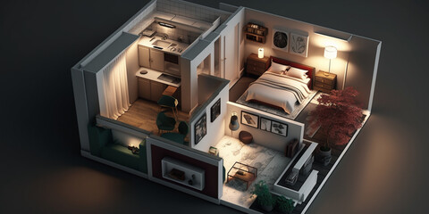 Exact plan for a housing unit that includes a double bedroom and a bathroom and shower. Generated AI