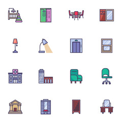 Interior and buildings filled outline icons set