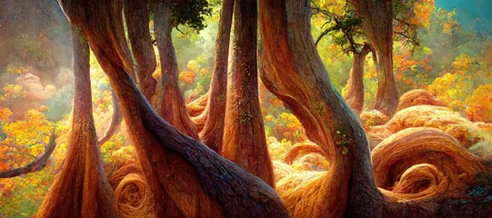Naklejka premium Dreamlike forest of autumn orange and yellow colors, surreal vegetation, mythical and otherworldly, natural beauty, vibrant imaginative woods - high detail generative ai.