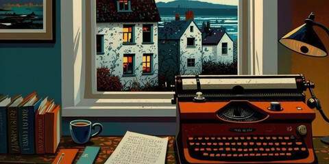 typewriter and books by the window. Generated AI
