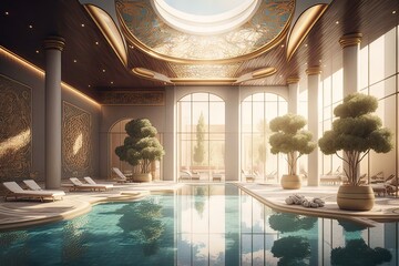 Five-star hotel indoor pool: Luxury, Beauty, Lounges, Chairs. Photo generative AI