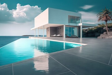 Fototapeta na wymiar Luxury modern home w/pool & sea view. Photo generative AI