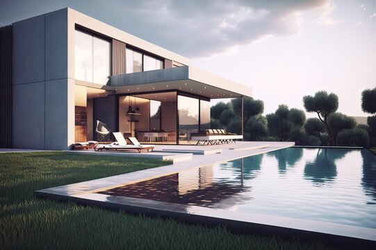 Modern home w/ infinity pool view. Photo generative AI
