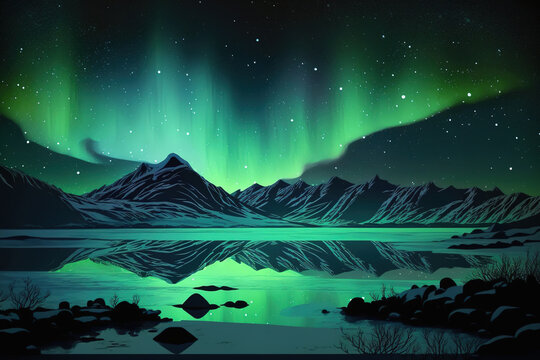 Winter scenic landscape night view of Aurora Borealis Northern lights dancing on the clear sky full of stars above lake Myvatn, north Iceland Beautiful winter wonderland fairytale background scene