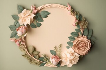 Roses pink flowers and green leaves wreath round circle frame on beige ivory floral background table. Wedding greeting invitation decoration minimal flatlay design. Top view from above, flat lay