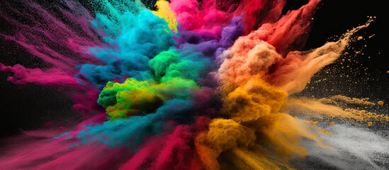 Fototapeta na wymiar An explosion of colored powder highlighted on a black background. Generative AI. illustration of an abstract colored background.