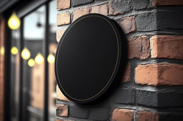 Black blank round circle signboard mock up street store or company on wall, billboard template, generative ai