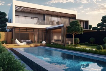 Obraz premium Luxury villa with garden, pool. Photo generative AI