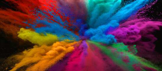 An explosion of colored powder highlighted on a black background. Generative AI. illustration of an abstract colored background.