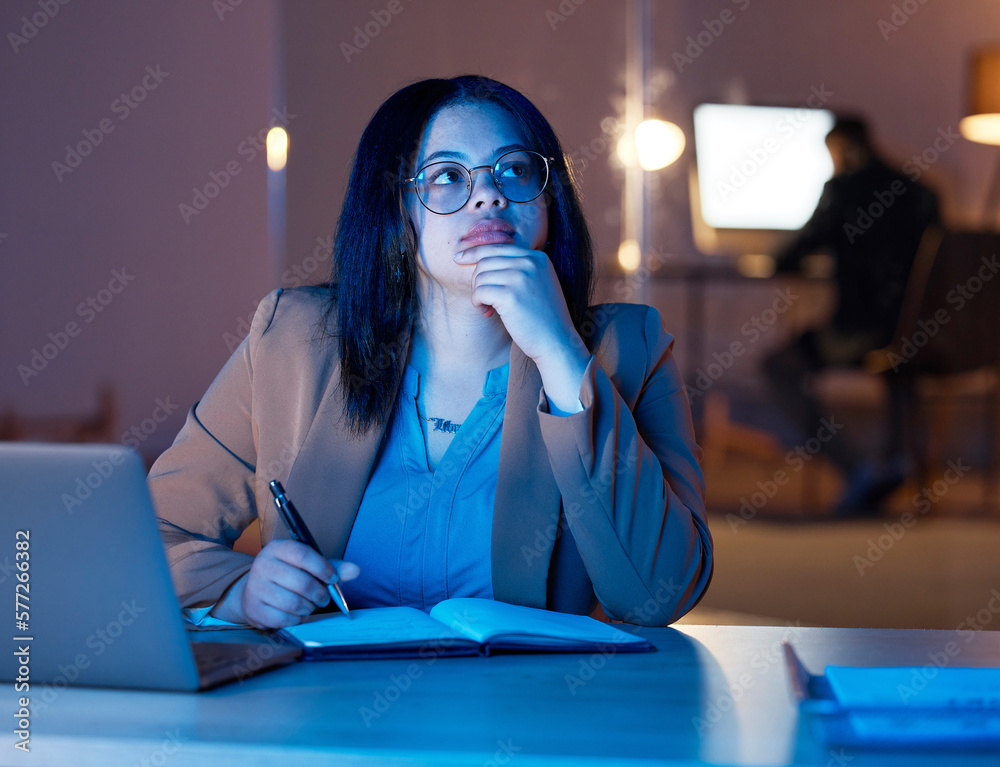 Poster thinking, ideas and woman in night office for digital planning, information technology solution and 