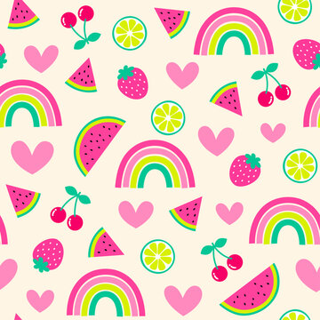 Cute hand drawn fruit, rainbow and heart seamless pattern for summer holidays background.