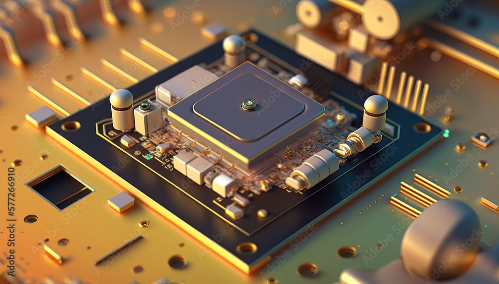 Poster Technology microchip on motherboard background. Blockchain big data network. Generative AI technology.