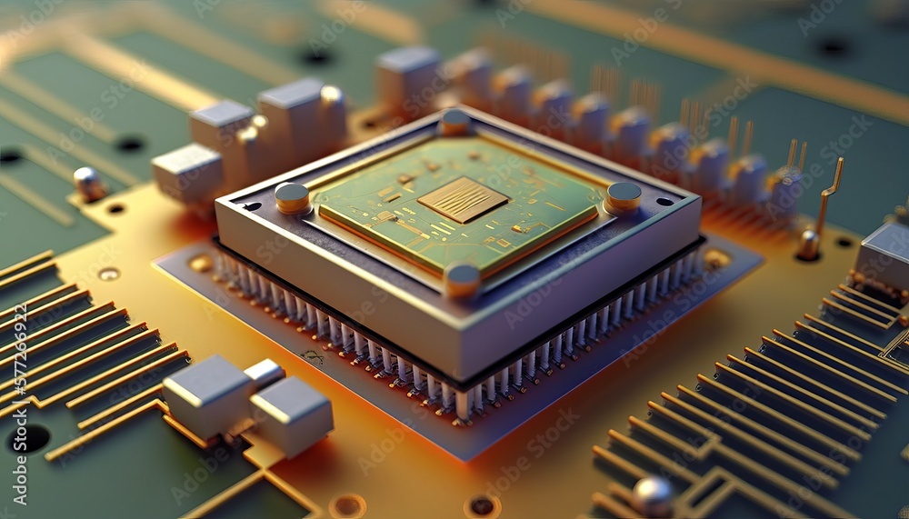 Poster Vintage old microchip on motherboard background. Blockchain big data network. Generative AI technology.