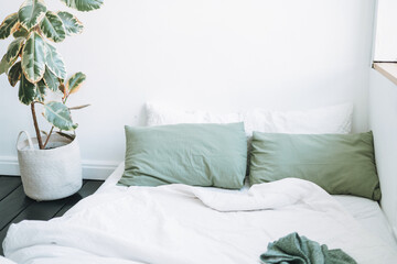 Details of Scandinavian modern cozy bright interior in bedroom at home