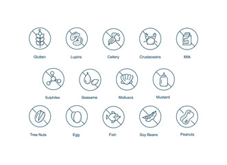 Food allergy icons including the 14 allergies outlined by the EU Food. Editable Stroke vector line icons. - obrazy, fototapety, plakaty