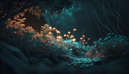 Plakat Forest on glow night background. Generative AI technology. 